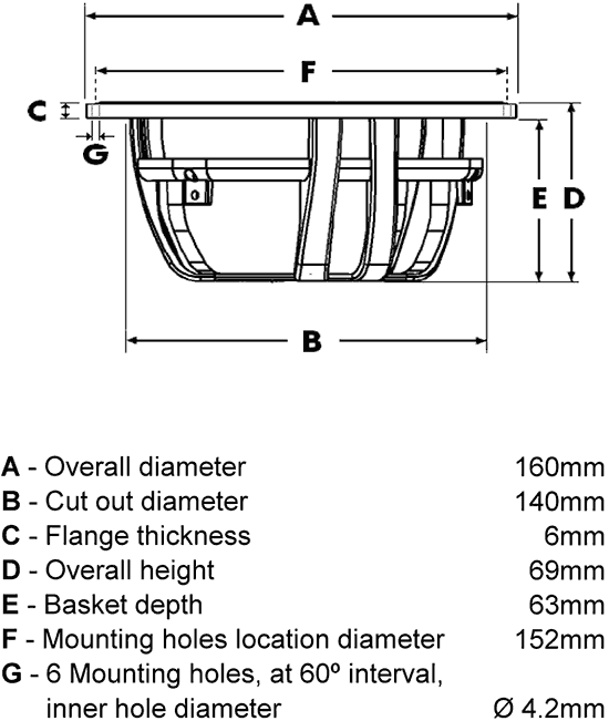 Mechanical drawing.  160mm outside
