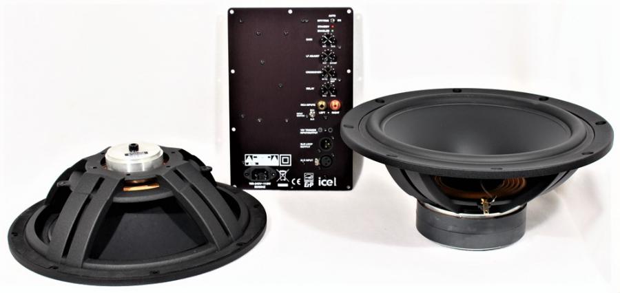 Photo of SB34 woofer and SB34 passive radiator along with Hypex amplifier