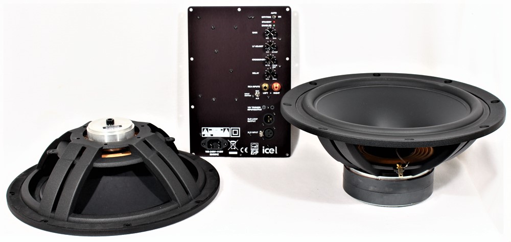 Photo of SB34 woofer and SB34 passive radiator along with Hypex amplifier