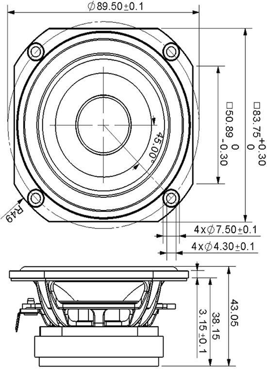 Mechanical drawing 83.75mm square