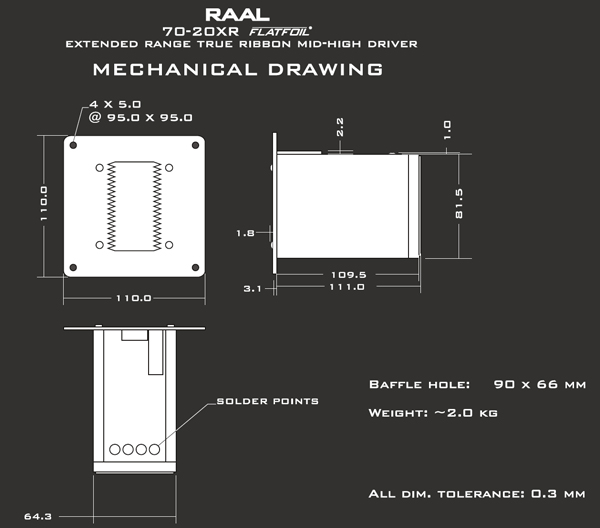 RAAL 70-20XR-AM Extended Range Ribbon Tweeter mechanical drawing