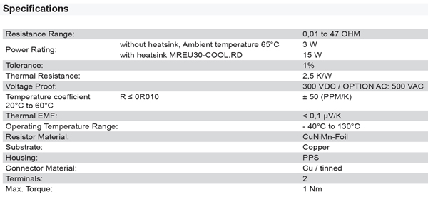 Mundorf Ultra Resistor with optional Heat Sink specs